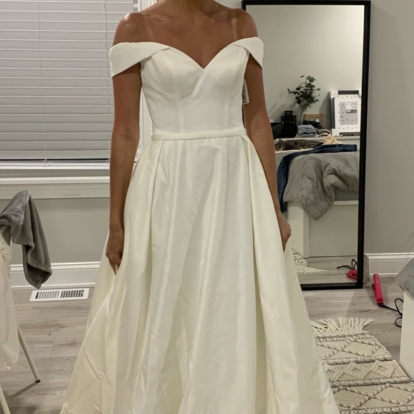Off the Shoulder Satin Ball Gown Wedding Dress - Picture 3 of 3